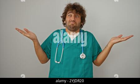 Jeune homme dans des gommages verts avec un stéthoscope sur le cou, faisant un geste hausseur d'épaule sur un fond blanc isolé Banque D'Images