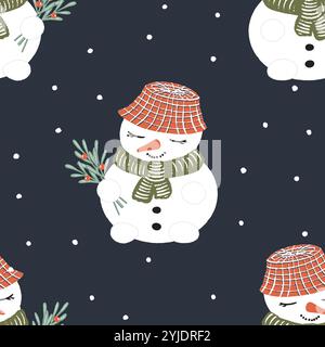 Modèle vectoriel sans couture avec des bonhommes de neige mignons sur la nuit de Noël bleu marine, tissu, emballage, emballage. Illustration vectorielle Illustration de Vecteur