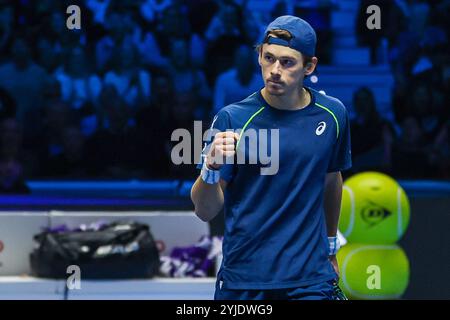 Turin, Italien. 14 novembre 2024. Alex de Minaur, de l'Australie, célèbre le match de la phase de groupe en simple masculin contre Taylor Fritz, des États-Unis, le cinquième jour de la finale Nitto ATP 2024 à l'Inalpi Arena crédit : dpa/Alamy Live News Banque D'Images