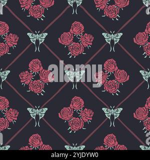 Modèle sans couture avec fleurs de rose rouge dessinées à la main à l'intérieur du treillis Illustration de Vecteur