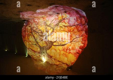 Montrichard Val de cher, France - 16 juillet 2024 : grotte Monmousseau - éclairage et décoration des galeries de tuf par projection murale. Banque D'Images