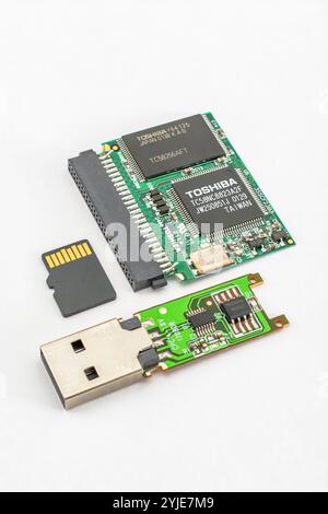 Périphériques de stockage de données hérités - Compact Flash (PCB Toshiba), 16 Go SanDisk Micro SD et 1 Mo de clé USB (sans marque) Banque D'Images