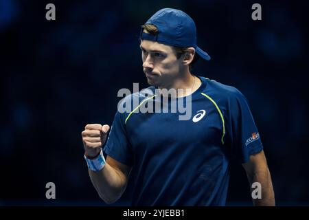 Turin, Italie. 14 novembre 2024. Alex de Minaur, de l'Australie, célèbre lors de son match en simple à la ronde contre Taylor Fritz, des États-Unis, au cours de la cinquième journée des finales Nitto ATP. Taylor Fritz a gagné le match 5-7, 6-4, 6-3. Crédit : Nicolò Campo/Alamy Live News Banque D'Images