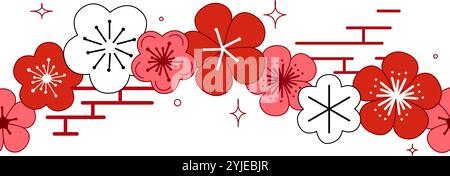 Bordure sans couture de fleur de sakura graphique, motif horizontal. Fond avec des branches de cerisier en fleurs. Fleurs japonaises dessinées à la main sur backgro blanc Illustration de Vecteur