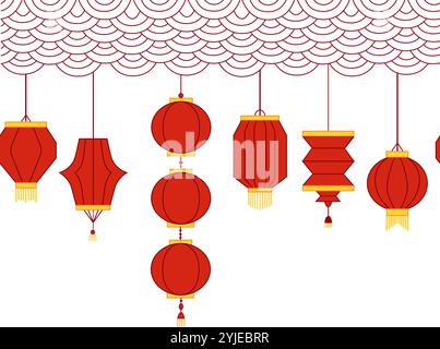 Bordure creuse horizontale de style chinois suspendue bordure rouge lanterne. Design géométrique minimaliste plat. illustration vectorielle Illustration de Vecteur