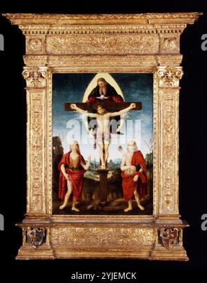La Sainte Trinité avec Saint Jean Baptiste et Saint Sébastien. À la manière de Timoteo Viti. Début du XVIe siècle. Tempera sur panneau. Banque D'Images