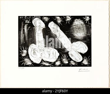 Pablo Picasso / 'sous la scène lumières : jeune femme et deux phallus barbu (épreuve d'artiste I / XV), 1966, gravure (aquatinte avec crayon lithographique et réserves, gravure sur cuivre, matrice, jeté sur papier, 38 x 47 , 5 cm, MPB 112,612. Musée : Museu Picasso de Barcelona, Barcelona, España. Banque D'Images