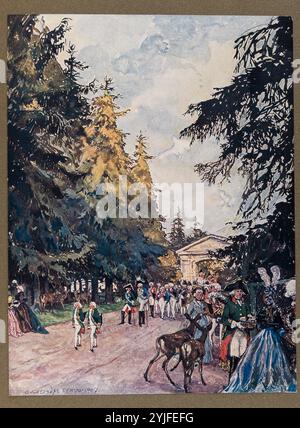 Empereur Paul Ier au zoo de Gatchina. Illustration pour la chasse grand-ducale, tsariste et impériale en Russie. Musée : COLLECTION PRIVÉE. Auteur : Alexander Nikolayevich Benois. Copyright : cette œuvre n'est pas dans le domaine public. Il est de votre responsabilité d'obtenir toutes les autorisations de tiers nécessaires auprès du gestionnaire de droits d'auteur dans votre pays avant la publication. Banque D'Images