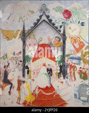 Les cathédrales de la Cinquième Avenue. Artiste : Florine Stettheimer (américaine, Rochester, New York 1871-1944 New York, New York). Dimensions : 60 x 50 po. (152,4 x 127 cm). Date : 1931. Tournant son regard vers la Cinquième Avenue, Stettheimer traite les spectacles de la haute société et du consumérisme avec un humour affectueux. Un couple nouvellement marié émerge d'une église, prêt à commencer une vie d'excès et d'acquisition. Flottant au-dessus d'eux se trouvent les noms des magasins et des établissements alimentaires les plus exclusifs de New York ; 'Tiffany' est écrit en lettres de bijoux, et 'Altman' est façonné à partir de meubles de maison raffinés. À droite, S. Banque D'Images