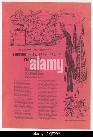 Feuillet avec une ballade sur l'expropriation du pétrole, figures debout sur un palier et déversant un baril de pétrole sur les figures ci-dessous. Artiste : Alfredo Zalce (mexicain, Michoacán, Pátzcuaro 1908-2003 Morelia). Dimensions : feuille : 13 3/8 × 9 3/16 po. (34 × 23,3 cm). Editeur : Taller de Gráfica populaire. Date : env. 1938. Musée : Metropolitan Museum of Art, New York, États-Unis. Banque D'Images