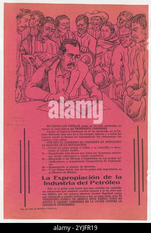 Journal de qualité relatives à l'expropriation de l'huile et l'appui à Lazaro Cardenas qui est la signature d'un document, alors que la foule de gens qui l'entourent. Artiste : (Alfredo Zalce, Mexicain, Pátzcuaro Michoacán Morelia 1908-2003). Fiche Technique : Dimensions : 13 1/4 x 9 7/16 in. (34,2 × 23,5 cm). Editeur : Taller de Gráfica Popular. Date : ca. 1938. Musée : Metropolitan Museum of Art, New York, USA. Banque D'Images