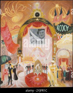 Les cathédrales de Broadway. Artiste : Florine Stettheimer (américaine, Rochester, New York 1871-1944 New York, New York). Dimensions : 60 1/8 x 50 1/8 po. (152,7 x 127,3 cm). Date : 1929. The Cathedrals of Broadway capture l'atmosphère magique des salles éclairées au néon, qui proposaient des films ainsi que des spectacles. Alors que les États-Unis entraient dans la Grande dépression, de nombreux Américains se tournèrent vers le monde du divertissement pour échapper à la réalité. Ici, le maire de New York, Jimmy Walker, lance le premier pitch de la saison de baseball dans une nouvelle de cinéma. Un spectacle de scène élaboré a lieu sous l'écran, whi Banque D'Images