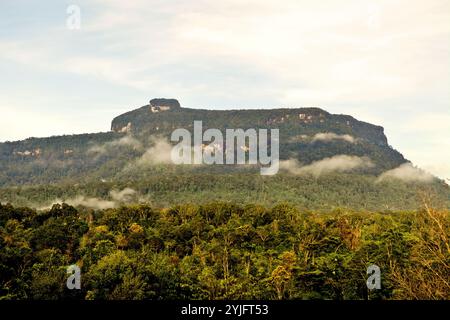 Une vue sur le paysage de la forêt tropicale et Bukit Tilung, une colline sacrée selon les habitants, à Nanga Raun, Kalis, Kapuas Hulu, Kalimantan Ouest, Indonésie. Banque D'Images