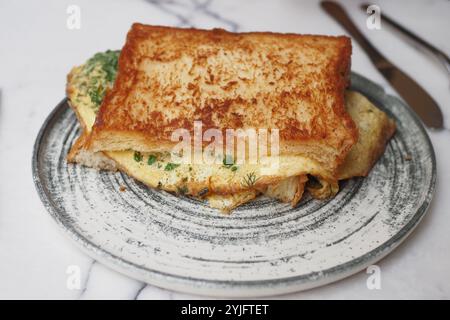 Une omelette délicieuse et joliment présentée servie avec du pain grillé sur une assiette rustique Banque D'Images