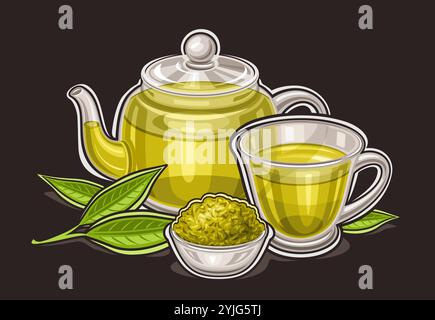 Logo vectoriel pour Green Tea Drink, affiche horizontale avec composition de thé traditionnel de conception de dessin animé, plaque décorative avec du thé vert asiatique dans le verre t Illustration de Vecteur