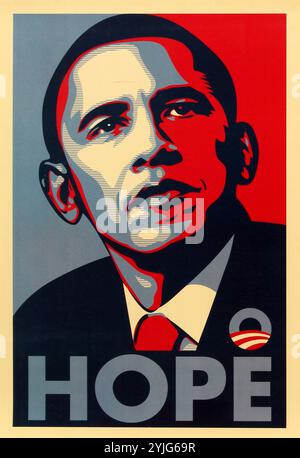 Espoir. Barack Obama. Musée : COLLECTION PRIVÉE. Auteur : Frank Shepard Fairey. Copyright : cette œuvre n'est pas dans le domaine public. Il est de votre responsabilité d'obtenir toutes les autorisations de tiers nécessaires auprès du gestionnaire de droits d'auteur dans votre pays avant la publication. Banque D'Images