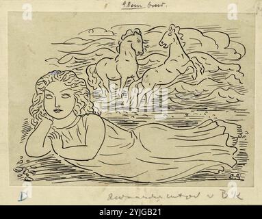 Conception pour une vignette pour les frais mensuels pour les arts visuels : lying femme et deux chevaux. Rapporteur pour avis : Leo Gestel. Dating : 1891 - 1941. Dimensions : H 103 mm × W 145 mm. Musée : Rijksmuseum, Amsterdam. Banque D'Images