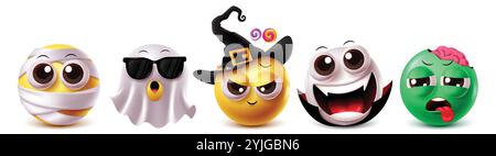 Jeu de vecteurs de caractères emoji d'Halloween. Emojis effrayant halloween clip art personnage comme momie, fantôme, sorcière, vampire et zombie dans un costume de mascotte effrayant Illustration de Vecteur