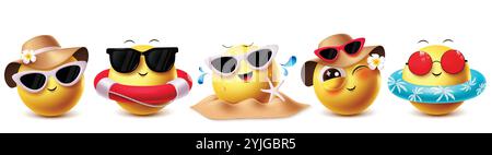 Jeu de caractères vectoriels emoji d'été. Emojis tenue Summertime clip art portant chapeau et lunettes de soleil éléments de plage avec des expressions faciales flottantes Illustration de Vecteur