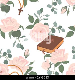 Fond vectoriel des premiers symboles de communion. Bible, chapelet, roses blanches et crucifix. Modèle sans couture avec des symboles chrétiens. Clipart pour les invitations de vacances. Illustration de Vecteur