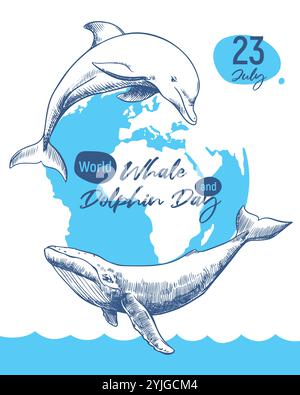 Bannière verticale pour le jour des baleines et des dauphins ou le jour de l'océan. Concept du problème de la préservation de la diversité animale dans l'océan. Dessin linéaire vectoriel de mammifères marins sur le fond de la planète Terre. Illustration de Vecteur