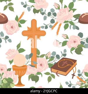 Premier fond de vecteur de symboles de communion. Coupe de vin d'or, Graal, pain, Bible, chapelet, vin, roses blanches et crucifix. Modèle sans couture avec des symboles chrétiens. Clipart pour les invitations de vacances. Illustration de Vecteur