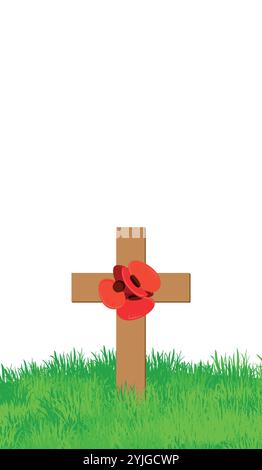 Bannière verticale pour ANZAC Day 2025. Jour du souvenir pour les soldats tombés au combat en Australie et en Nouvelle-Zélande le 25 avril. ross avec des fleurs de coquelicot rouge en papier sur l'herbe verte. Illustration vectorielle Poppy Day. Illustration de Vecteur