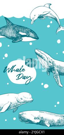 Journée mondiale de la baleine le 19 février. Affiche verticale vectorielle avec cachalot, dauphin, orque et béluga et baleine à bosse. Dessiné à la main, technique de gravure. Concept de protection de l'environnement. Illustration de Vecteur