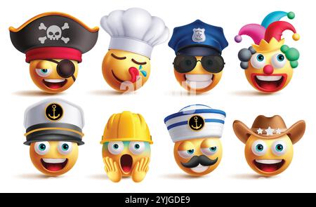 Jeu vectoriel de personnages de profession emoji. Professionnels emojis clip art personnage comme pirate, chef, police, clown, marine, ingénieur, capitaine et cow-boy Illustration de Vecteur