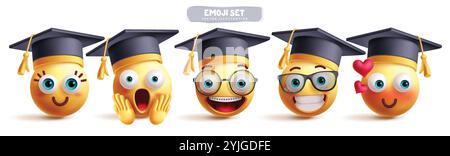 Jeu de vecteurs de caractère emoji étudiant. Les emojis diplômés de l'école clip art personnages dans heureux, choc, excité, rougissant, souriant et intelligent Illustration de Vecteur