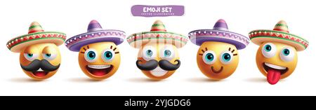 Jeu de vecteurs de caractères emoji mexicains. Emojis Mexico america clip art personnage dans l'expression faciale fatiguée, heureuse, souriante, amicale et coquine Illustration de Vecteur