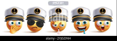 Jeu vectoriel de caractères emoji smileys marine. Personnage d'art clip marine emoji dans l'expression faciale timide, triste, épuisée, affamée et de choc portant capitaine Illustration de Vecteur