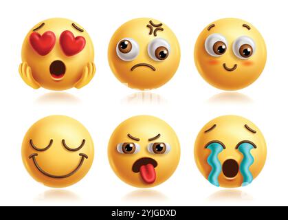 Jeu de caractères vectoriels emoji amoureux. Heart Eyes emojis clip art personnage avec timide, blush, heureux, souriant, stupide et sanglot d'expression faciale Illustration de Vecteur