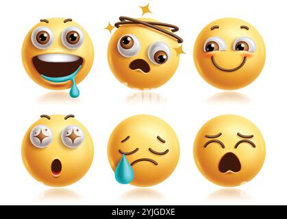 Jeu vectoriel de personnages emoji affamés. Bavurant des personnages d'art clip emoji avec l'icône jaune d'expression faciale blessée Dizzy, timide, surprise, pleurer et triste Illustration de Vecteur
