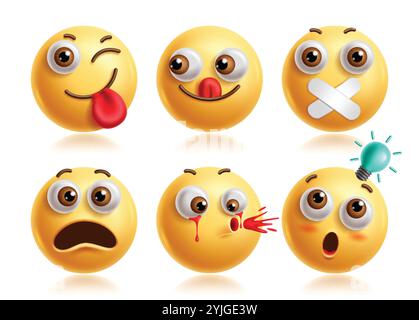 Jeu de vecteurs de caractères emoji clin d'œil. Wink emojis 3d icône clip art personnage avec léchage, calme, silencieux, inquiet, enragé, intelligent, réfléchi et heureux Illustration de Vecteur