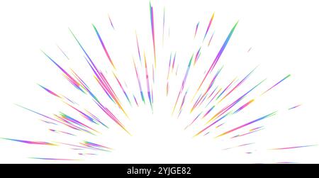 Éclat de lumière avec effet prisme arc-en-ciel. Halo flare étincelles de cristal sur fond blanc. Explosion colorée holographique radiale vectorielle. Vitesse comique Illustration de Vecteur