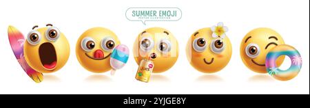 Jeu vectoriel de caractères emoji d'été. Emoji 3d clip art personnage dans le surf, manger popsicle, boire et nager des éléments graphiques de voyageur de plage. Illustration de Vecteur