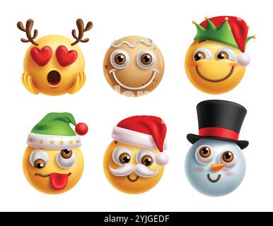 Jeu vectoriel de personnages de noël emoji. Émojis de Noël clip art personnages dans l'amour, heureux, souriant, idiot, timide et rougir l'expression faciale Illustration de Vecteur