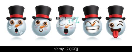 Jeu vectoriel de personnages emoji de bonhomme de neige. Homme de neige de Noël emojis clip art personnage dans l'expression faciale heureuse, souriante, endormie, coquine et clin d'œil Illustration de Vecteur