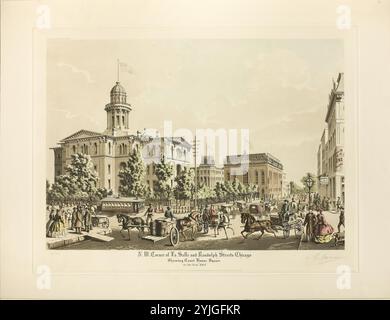 N. W. Corner de LaSalle et Randolph, Chicago, montrant court House Square en 1864. Raoul Varin ; français, 1865-1943. Date : 1928. Dimensions : 383 × 541 mm (image) ; 450 × 592 mm (plaque) ; 543 × 710 mm (feuille). Aquatinte, avec gravure en brun et coloration à la main, sur papier tissé crème. Origine : France. Musée : Chicago Art Institute, FLORENCIA, États-Unis. Banque D'Images