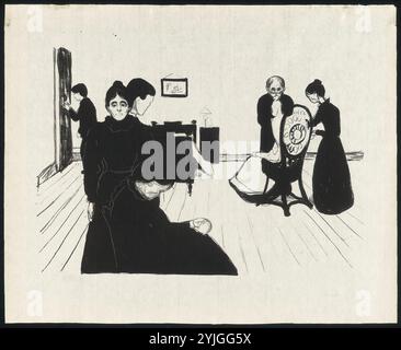 Mort dans la chambre de malade. Edvard Munch ; norvégien, 1863-1944. Date : 1896. Dimensions : 415 x 559 mm (image) ; 482 x 600 (plaque) ; 544 x 667 mm (feuille). Lithographie à l'encre noire sur papier japonais crème léger. Origine : Norvège. Musée : Chicago Art Institute, FLORENCIA, États-Unis. Banque D'Images