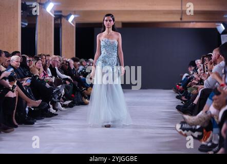 Toronto, Canada. 14 novembre 2024. Un mannequin présente une création à la Fashion Art Toronto's Fashion week automne/hiver 2024 à Toronto, Canada, le 14 novembre 2024. La semaine de la mode a débuté ici jeudi et durera jusqu'au 17 novembre. Crédit : Zou Zheng/Xinhua/Alamy Live News Banque D'Images