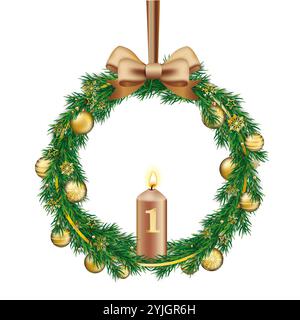 Première couronne verte de Noël Bokeh Golden boules première couronne de l'Avent avec branches vertes et boules dorées sur fond blanc. Banque D'Images