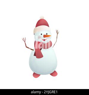 Charmante illustration vectorielle 3D de bonhomme de neige joyeux portant une écharpe rouge et un chapeau de Père Noël, avec des bras de brindilles et un nez de carotte orange vif. Parfait pour l'hiver Illustration de Vecteur