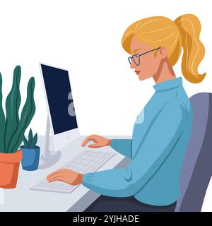 Vector clip art illustration femme étudiant à l'ordinateur dans le style plat moderne. Programmeur femme. Le freelance travaille à distance Illustration de Vecteur