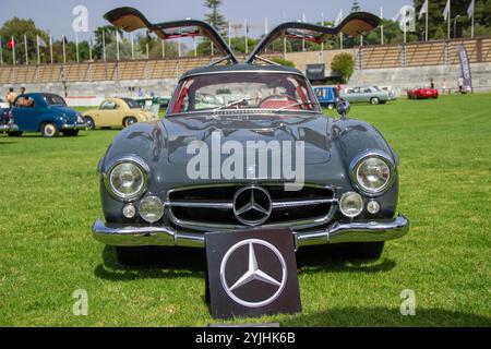 Coupé mercedes benz 300 sl goéland classique, présentant son design emblématique avec des portes goélettes ouvertes lors d'un salon automobile Banque D'Images