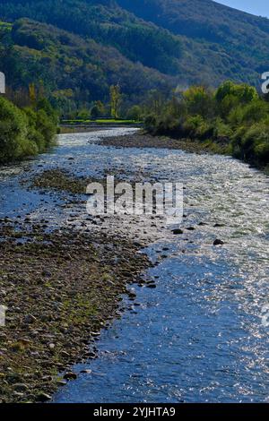 Une vue pittoresque sur la rivière Saja qui coule à travers la vallée de Cabuerniga en Cantabrie, Espagne. Les eaux claires de la rivière reflètent la lumière du soleil. Banque D'Images
