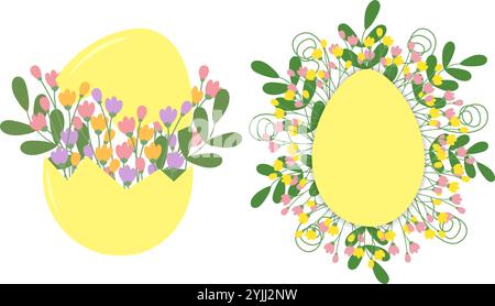 Coquille d'oeuf craquelé et cadre en forme d'oeuf avec brindilles de fleurs multicolores et feuilles décoratives. Set 2. Espace de copie isolé illustration vectorielle cartes de vœux, affiche, bannière, prix, étiquettes ou promo Web Illustration de Vecteur