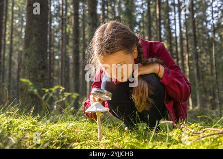 Petite fille explorer le champignon en utilisant la loupe dans la forêt Banque D'Images