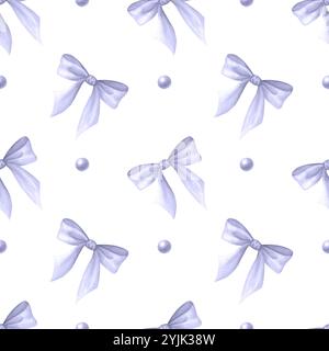 Noeuds et perles en couleur lilas pastel. Noyau de coquette sans couture à motif aquarelle dessiné à la main isolé sur fond blanc pour papier d'emballage festif, textile, emballage, rideau, papier de scrapbooking. Banque D'Images